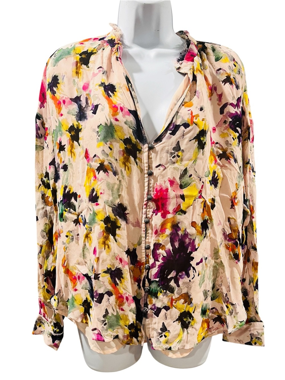 Anthropologie Pilcro Women's Floral Watercolor Button-Front Blouse - Pink L